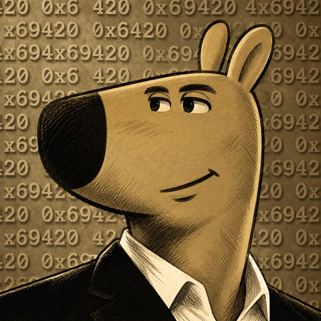 A relaxed golden, long-nosed character wearing a suit, drawn in a sepia engraving style.